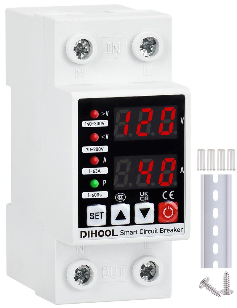 DIHOOL Adjustable Voltage Protector 110V 220V, Low/High Voltage Cutoff and Overcurrent Protection, 70-200V Undervoltage, 140-300V Overvoltage, 1-63A Smart Circuit Breaker AC Disconnect, DIN Rail Mount - Image 1